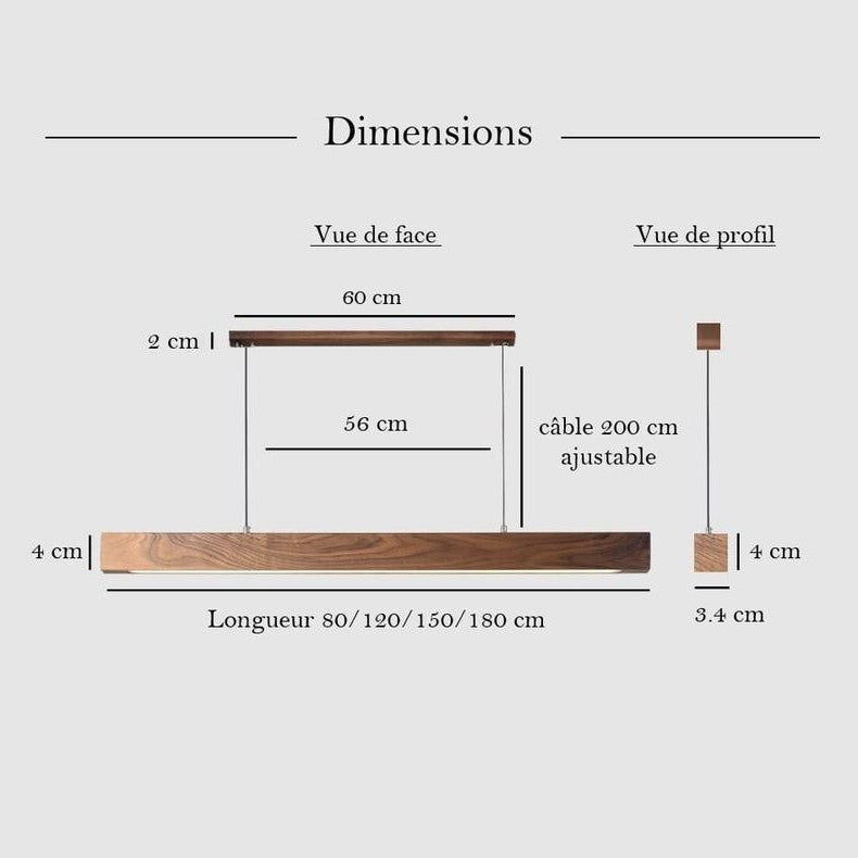 Suspension LED style bois de noyer ou de sapin | Design rectiligne & minimaliste