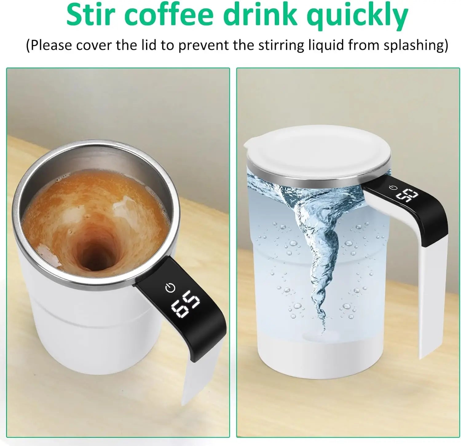 The mug automatically stirs the coffee