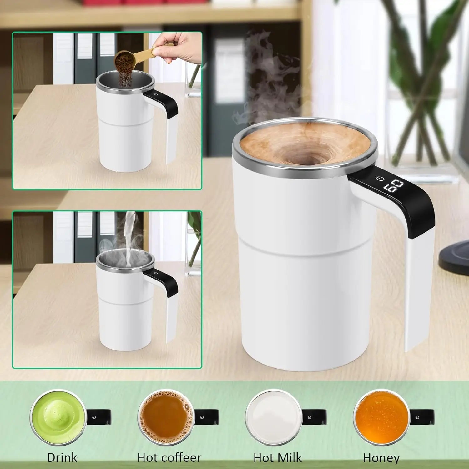 The mug automatically stirs the coffee