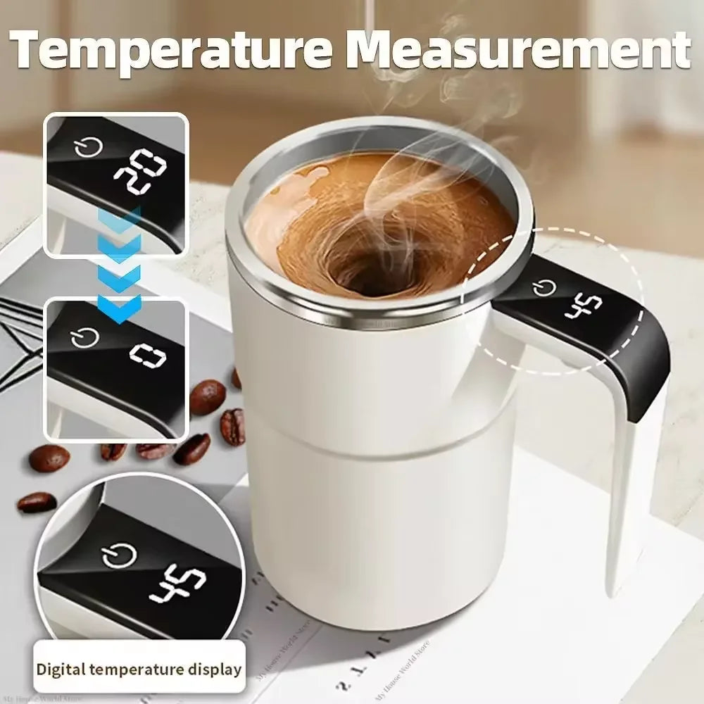 The mug automatically stirs the coffee