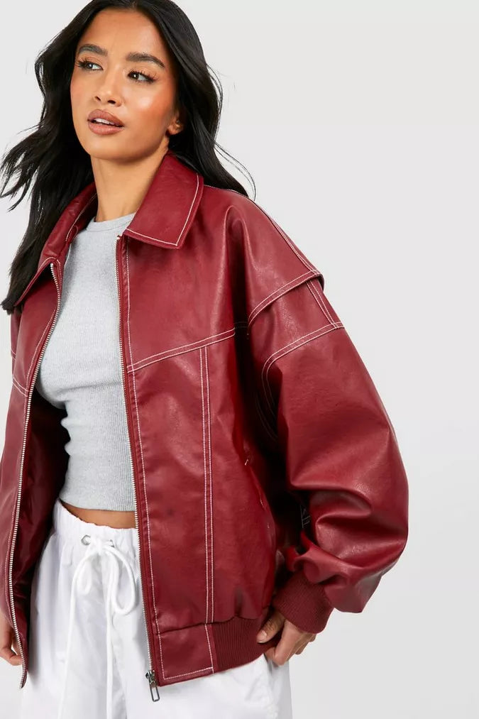 Sienna – Red Oversized Leather Jacket